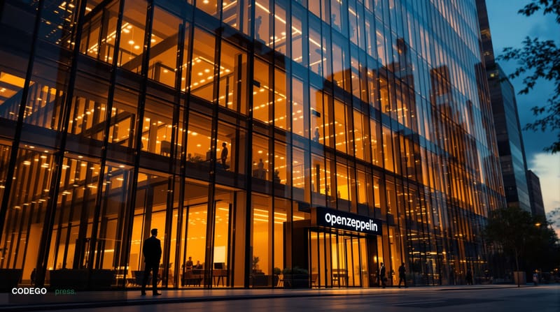 A dramatic cinematic photograph of the OpenZeppelin company headquarters or office building exterior, shot during golden hour
