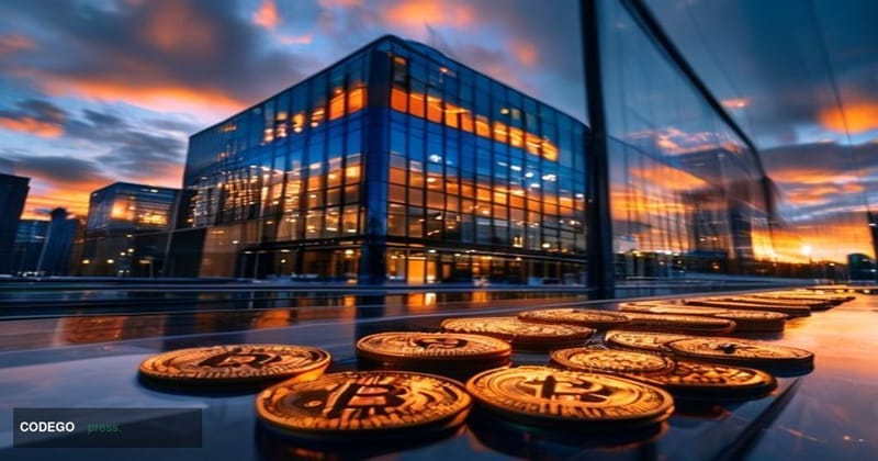 A photorealistic editorial photograph showing a modern European corporate headquarters building with sleek glass and steel ar