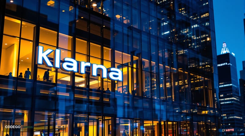 A cinematic editorial photograph showing a modern Swedish fintech headquarters building with sleek glass facades and Scandina