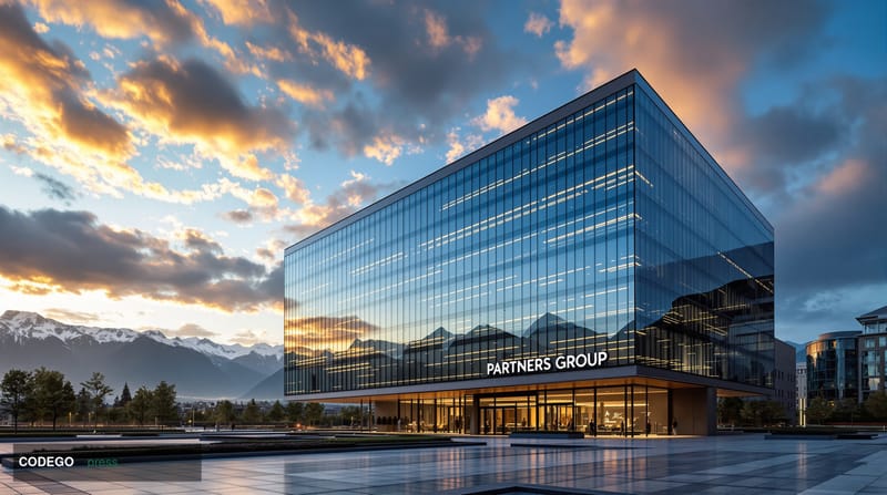 A dramatic wide-angle photograph of Partners Group's modern Swiss headquarters in Baar-Zug, captured during golden hour with 