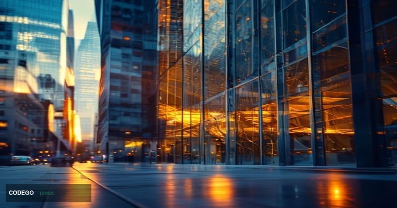 A cinematic editorial photograph showing the exterior of Paxos Trust Company's New York headquarters building, featuring mode
