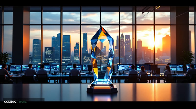 A sleek modern fintech office interior showcasing a trading floor with multiple high-resolution monitors displaying complex f