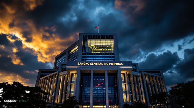 A dramatic editorial photograph capturing the tension between cryptocurrency regulation and market access in the Philippines.