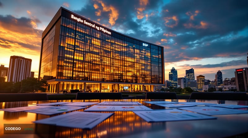 A dramatic wide-angle photograph of the modern Bangko Sentral ng Pilipinas headquarters building in Manila, Philippines, capt