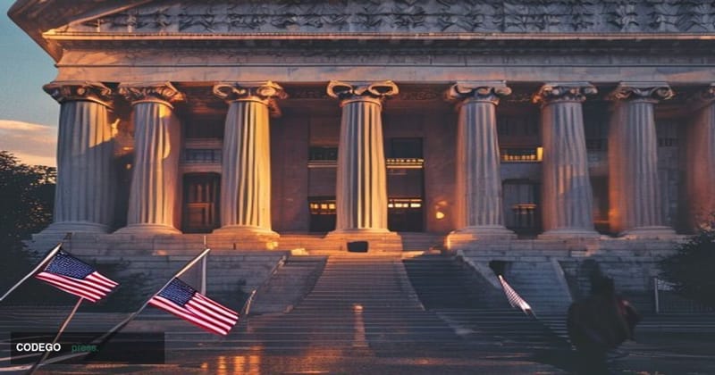A photorealistic editorial photograph of the iconic Federal Reserve Building (Marriner S. Eccles Building) in Washington D.C.