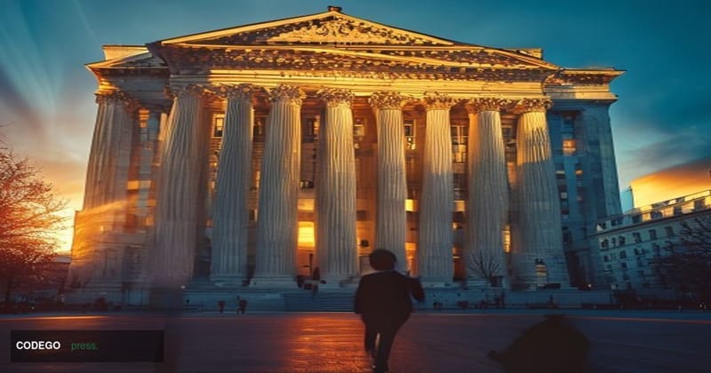 A dramatic photorealistic editorial photograph of the Federal Reserve Building (Eccles Building) in Washington D.C., captured