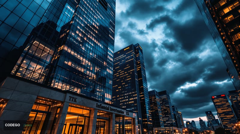 A dramatic editorial photograph of a modern financial district at dusk, showing towering glass office buildings housing major
