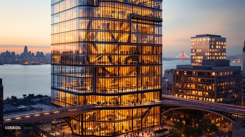 A dramatic aerial view of a modern fintech company's headquarters in San Francisco's financial district, shot during golden h