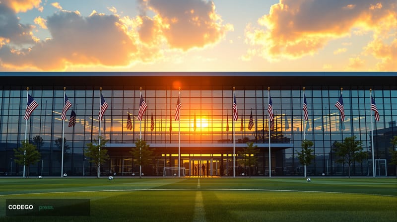 A dramatic cinematic shot of the US Men's National Soccer Team training facility in Chicago or a major American soccer stadiu