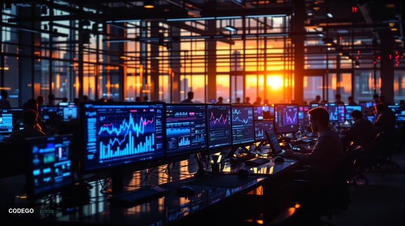 A cinematic editorial photograph showing the bustling Solana blockchain ecosystem headquarters or development center, with dr