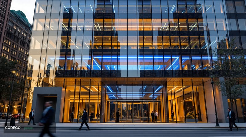 A cinematic editorial photograph of Ramp's modern corporate headquarters building in New York's financial district, shot duri