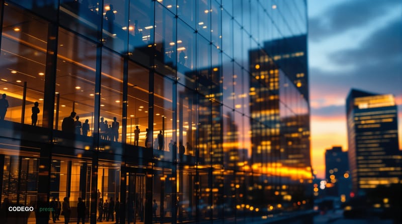 A cinematic editorial photograph showcasing Ramp's corporate headquarters or a modern fintech office environment, captured wi