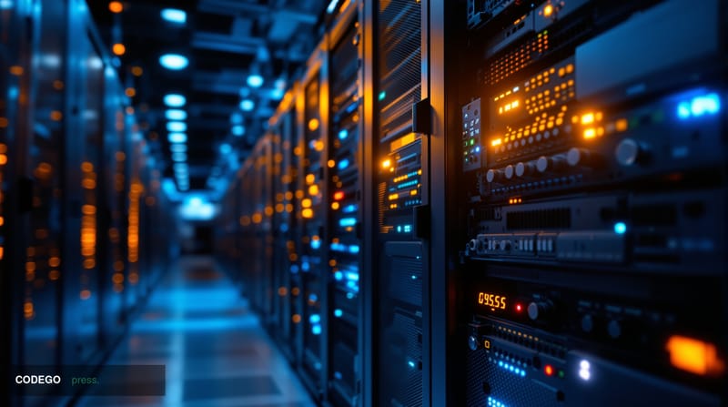 A photorealistic editorial photograph of a high-tech computer server room with dramatic lighting showing both modern and olde