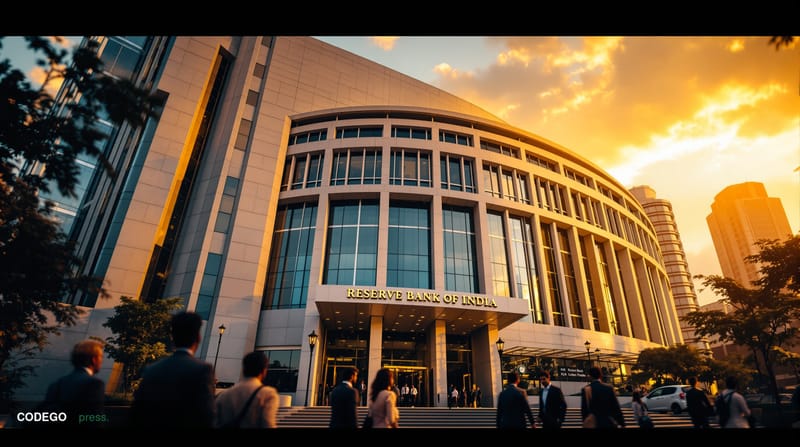 A cinematic editorial photograph of the imposing Reserve Bank of India headquarters building in Mumbai, shot during golden ho