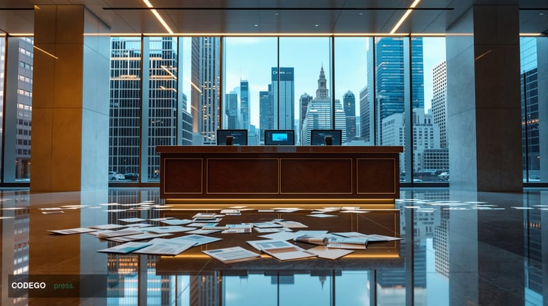 A cinematic editorial photograph showcasing the stark contrast between modern banking efficiency and human disconnect. The sc