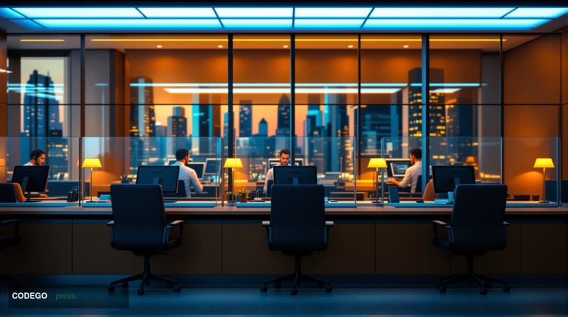 A photorealistic editorial photograph showing the interior of a modern regional bank branch in Chicago, captured from a low a