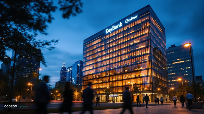 A cinematic editorial photograph showing the exterior of KeyBank's corporate headquarters in Cleveland, Ohio, with the distin