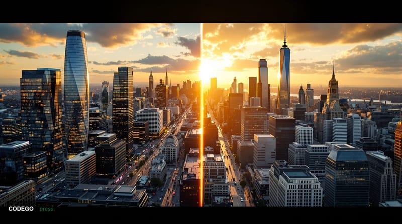A dramatic aerial view of the financial districts of London's City and Wall Street in New York, photographed with cinematic e