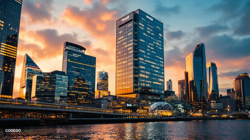 A dramatic architectural shot of Revolut's London headquarters building in Canary Wharf, photographed during golden hour with