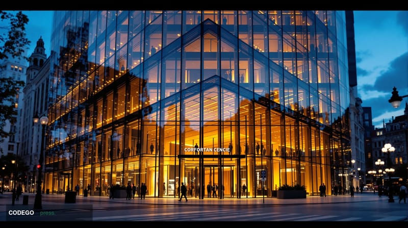 A cinematic editorial photograph showcasing Revolut's London headquarters building exterior with its recognizable modern glas