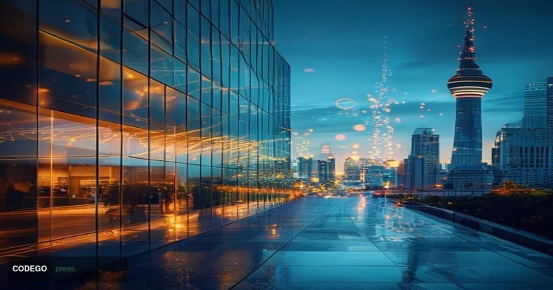 A cinematic editorial photograph showcasing Robinhood's expansion into Canada through a dramatic architectural composition. T