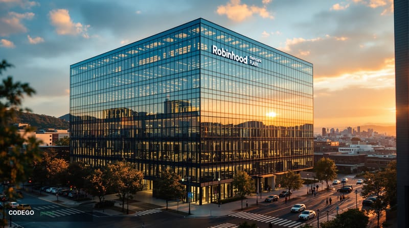 A dramatic cinematic shot of Robinhood's corporate headquarters in Menlo Park, California, captured from a low angle to empha