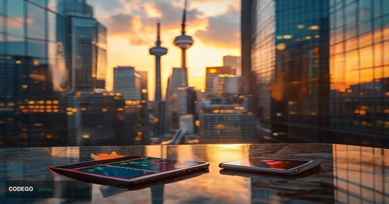 A cinematic editorial photograph showcasing Robinhood's expansion into the Canadian market through downtown Toronto's financi