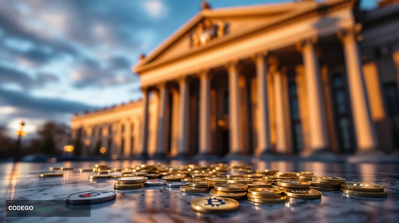 A cinematic editorial photograph capturing the intersection of Russian financial policy and cryptocurrency regulation. The sc
