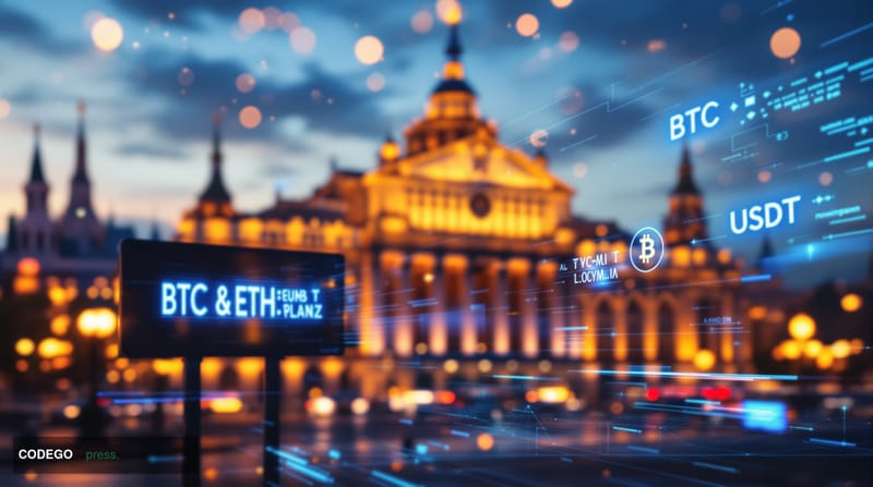 A dramatic editorial photograph of Moscow's financial district at dusk, featuring the imposing architecture of the Central Ba