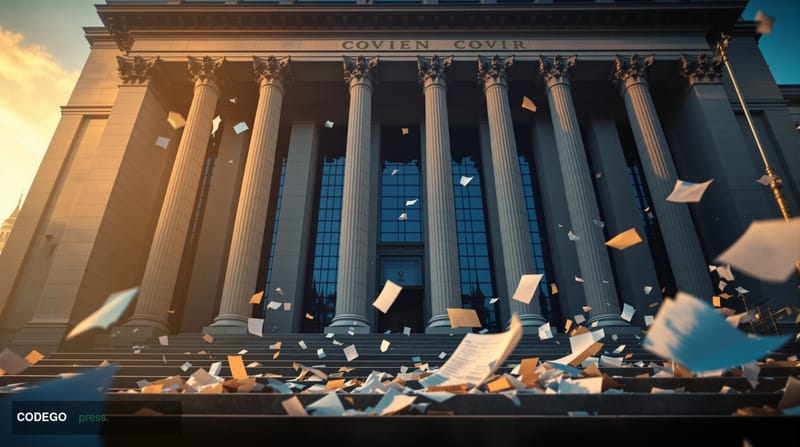 A dramatic editorial photograph showing the imposing neo-classical facade of the Russian Ministry of Foreign Affairs building