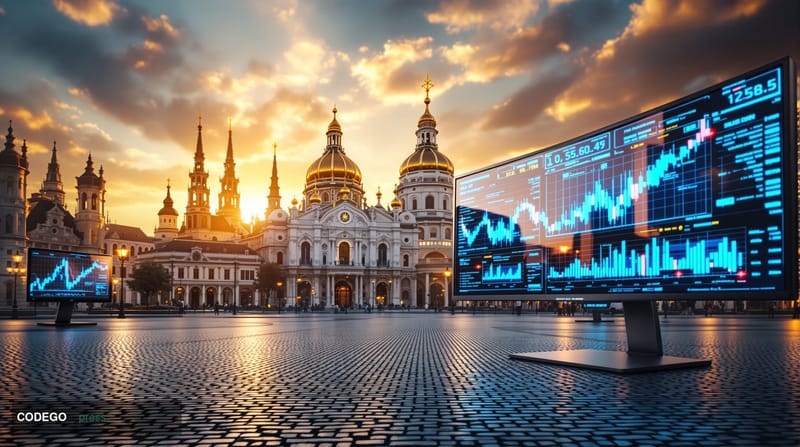 A dramatic photorealistic editorial photograph showcasing the intersection of Russian financial infrastructure and digital cu