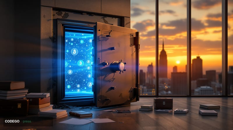 A dramatic editorial photograph showing an abandoned, weathered safe or vault door slightly ajar in golden hour lighting, wit