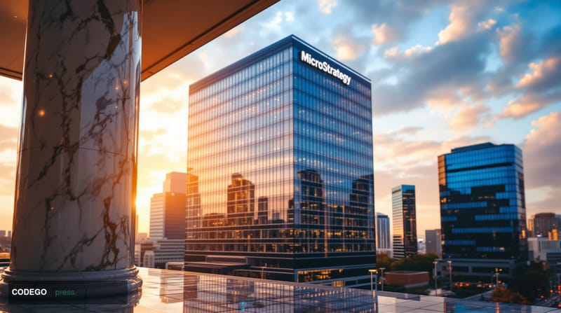 A cinematic editorial photograph showing MicroStrategy's corporate headquarters in Tysons Corner, Virginia, photographed duri