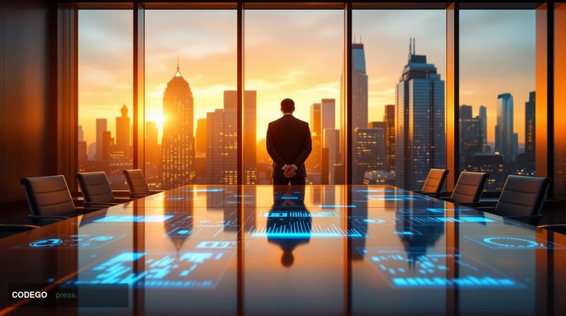A cinematic editorial photograph of a modern corporate boardroom with floor-to-ceiling windows overlooking a metropolitan fin