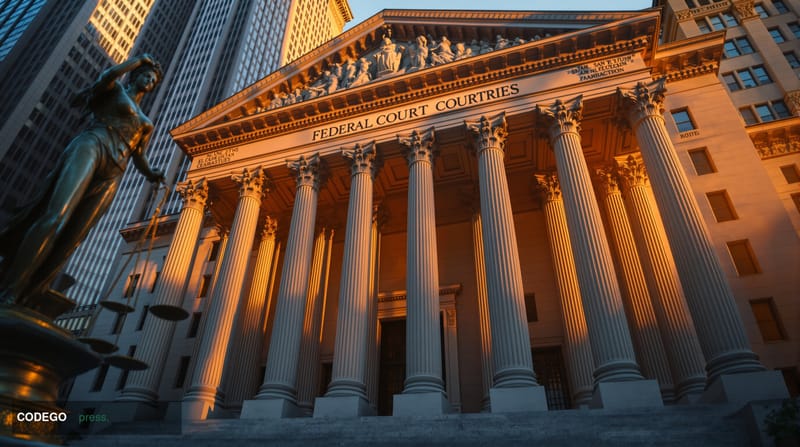 A dramatic photorealistic editorial photograph of the imposing federal courthouse in Manhattan where FTX founder Sam Bankman-