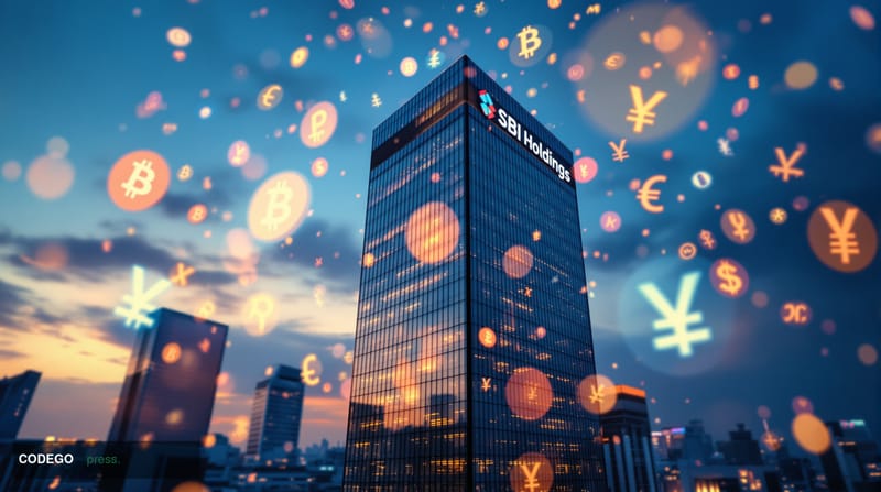 A photorealistic editorial photograph of SBI Holdings' modern corporate headquarters in Tokyo, shot during golden hour with d