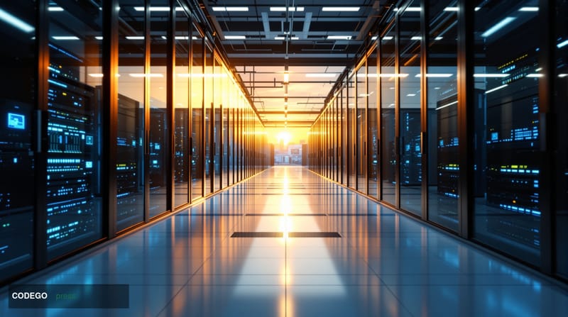 A cinematic wide-angle view of a massive modern data center facility at golden hour, showcasing rows of server racks through 