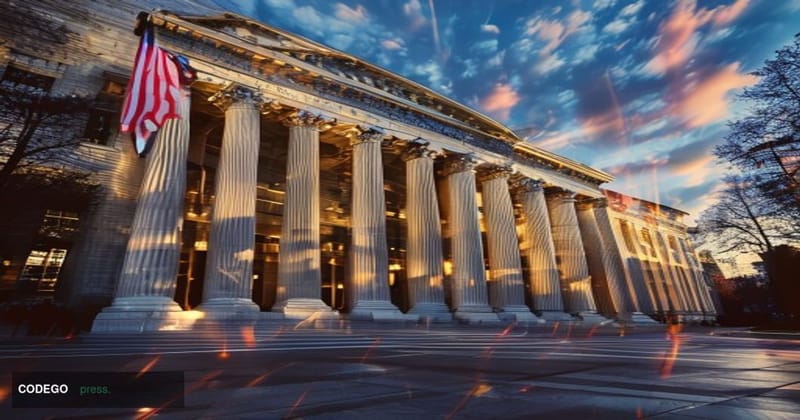 A photorealistic editorial photograph of the SEC headquarters building in Washington DC, captured from a low angle perspectiv