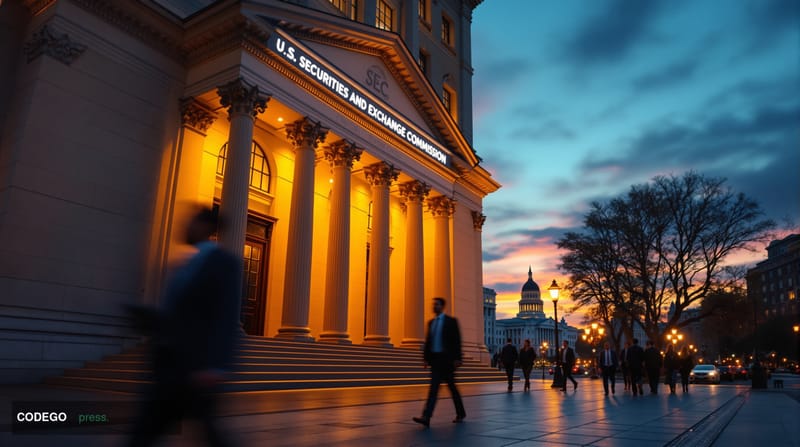 A dramatic wide-angle photograph of the SEC headquarters building in Washington D.C., captured during the golden hour with wa