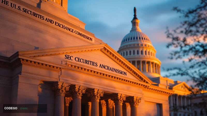 A dramatic photorealistic editorial photograph of the SEC headquarters building in Washington DC at golden hour, with warm am