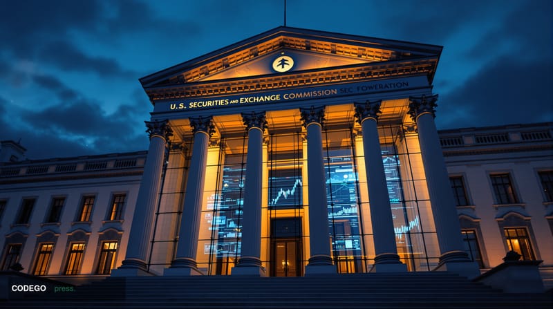 A dramatic photorealistic editorial photograph capturing the intersection of traditional finance and digital innovation. The 