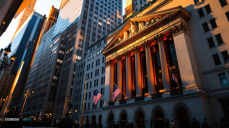 A dramatic wide-angle shot of the iconic New York Stock Exchange building facade on Wall Street, captured during golden hour 