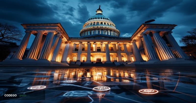 A dramatic editorial photograph of the United States Capitol building in Washington DC, shot from a low angle to emphasize th