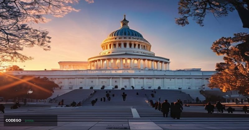 A cinematic editorial photograph of the United States Capitol building's iconic dome and Senate wing during golden hour, shot