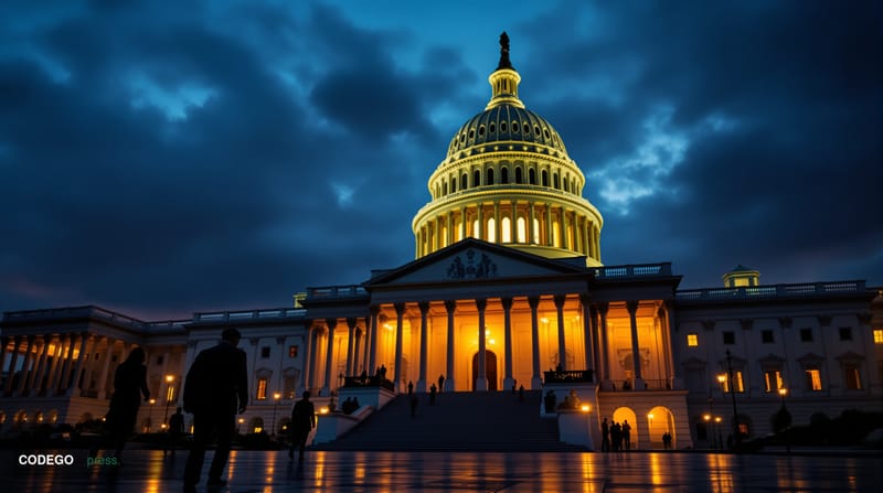 A cinematic editorial photograph capturing the dramatic tension of legislative power at the US Capitol building in Washington