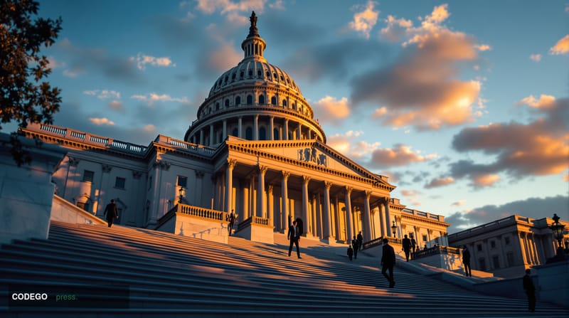 Photorealistic editorial photograph of the United States Capitol building at golden hour, with dramatic chiaroscuro lighting 