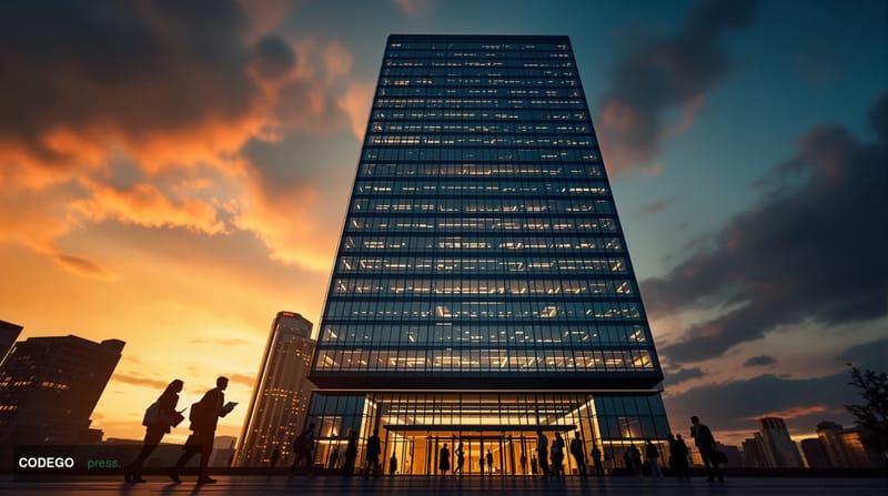 A cinematic editorial photograph of Shopee's recognizable Southeast Asian headquarters building in Singapore, captured during