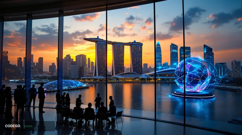 A dramatic wide-angle photograph of Singapore's financial district at golden hour, with the iconic Marina Bay Sands and banki