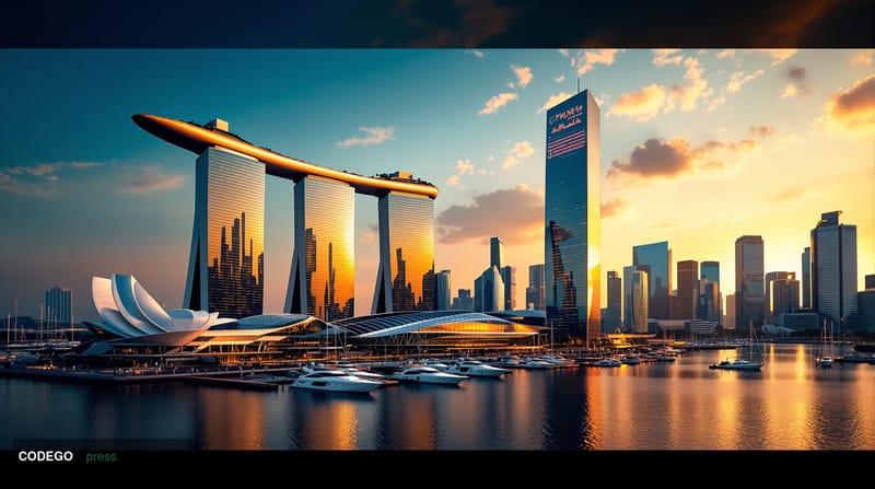 A cinematic editorial photograph of Singapore's iconic Marina Bay financial district at golden hour, with the distinctive Mar
