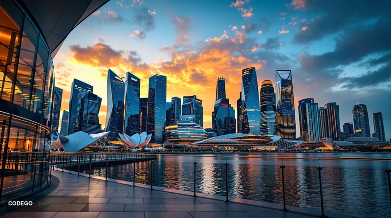 A dramatic wide-angle photograph of Singapore's iconic Marina Bay financial district skyline at golden hour, with the Marina 